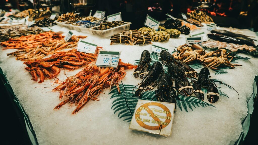 Assorted Seafood in a Market
