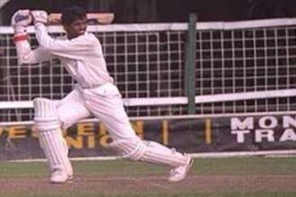 Shivnarine Chanderpaul hammers one through the off-side during his Debut at Bourda during the England vs West Indies Wisden Trophy Match of 1994